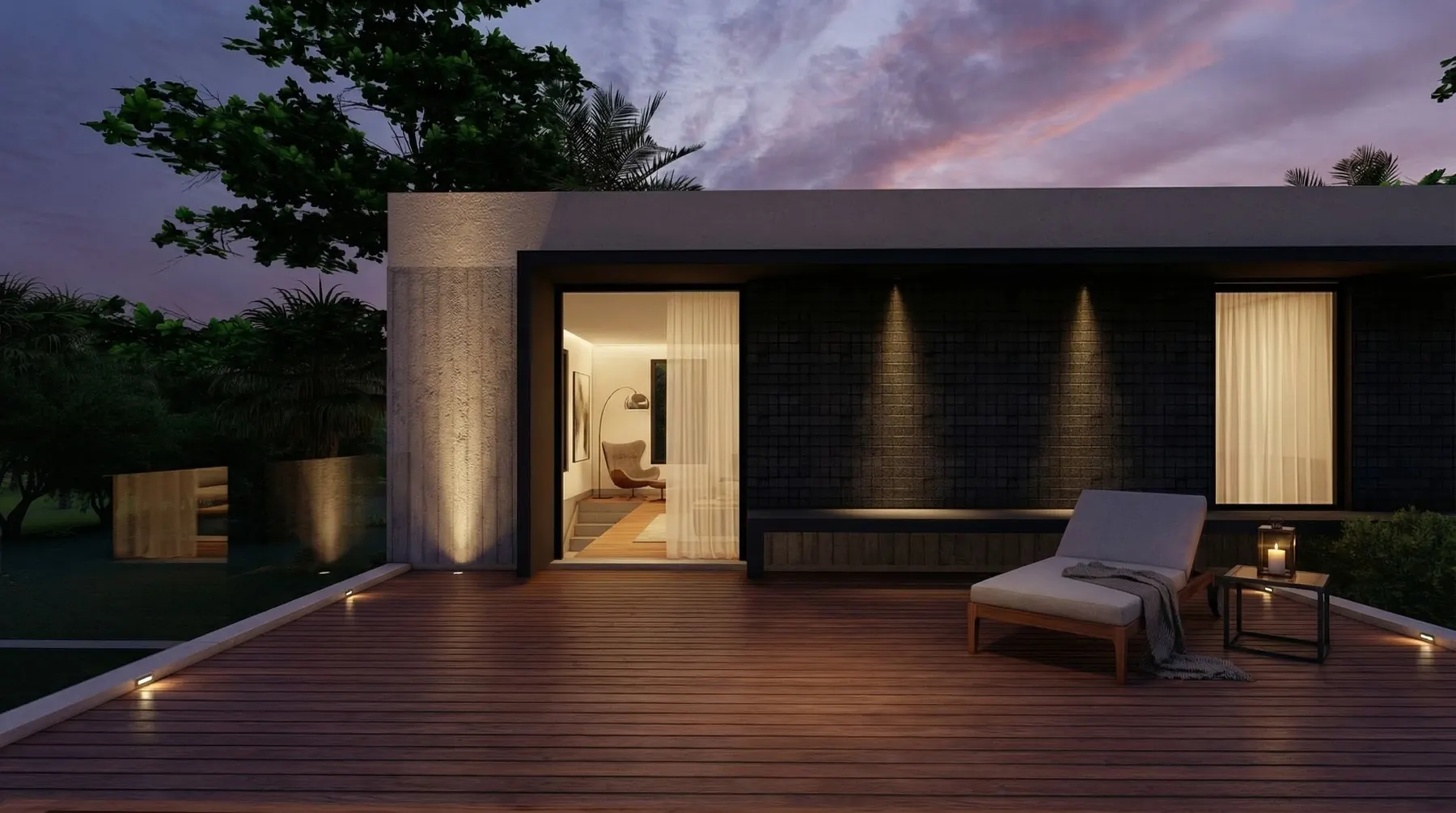 Render de la galería al atardecer, con deck de madera y el estar abierto al parque